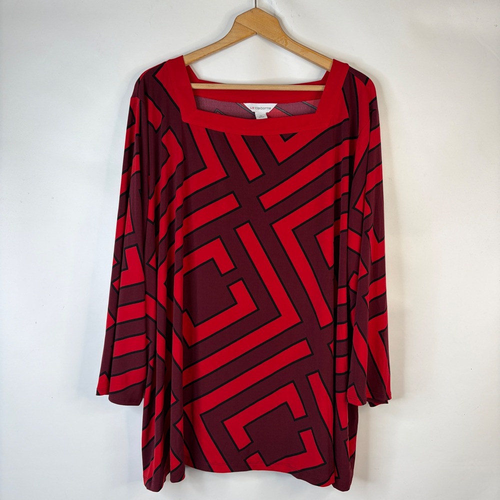 Liz Claiborne Tunic Top Women 5X Red Geometric Square Neck Long Sleeve